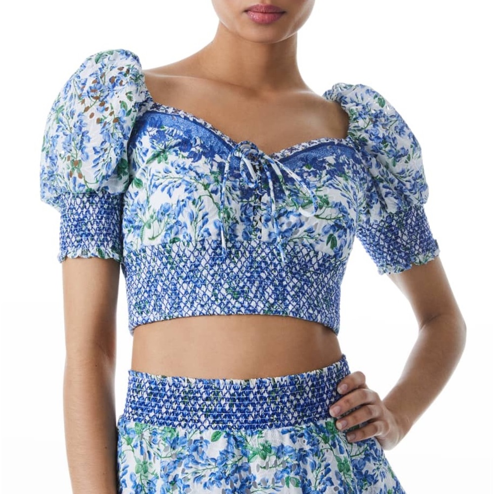 Alice + Olivia Crawford 100% Cotton Smocked Broderie Anglaise Top
